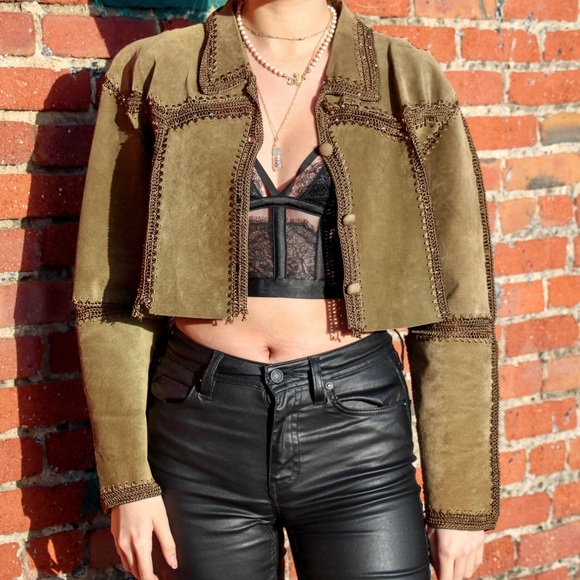 Vintage Olive Green Cropped Suede Leather Jacket - Picture 2 of 8